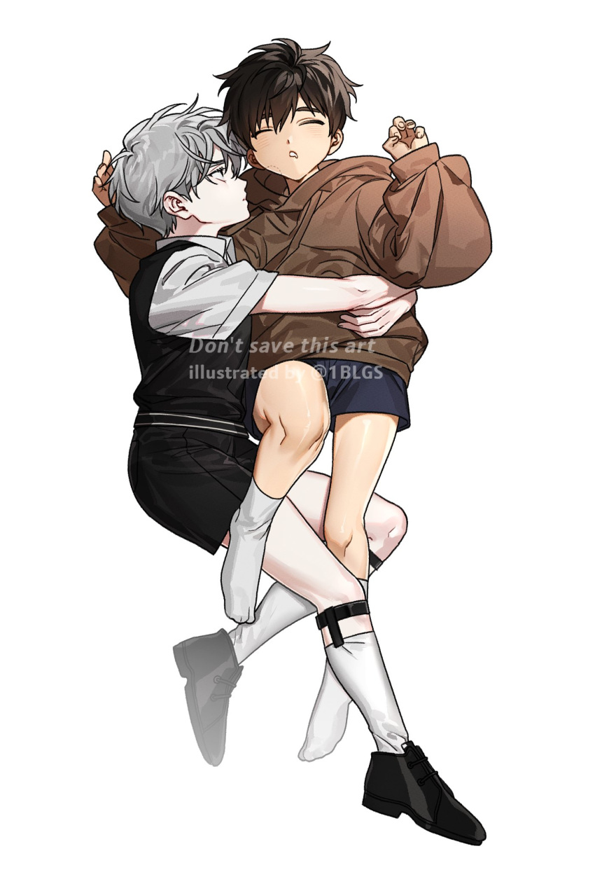 1blgs 2boys aged_down bite_mark_on_face black_footwear black_shorts black_sweater blue_shorts brown_hoodie child closed_eyes collared_shirt highres hood hoodie hug ilay_riegrow jeong_taeui long_sleeves looking_at_another multiple_boys parted_lips passion_(manhwa) shirt short_hair short_sleeves shorts simple_background sleeping socks sweater sweater_vest teeth twitter_username white_background white_shirt white_socks