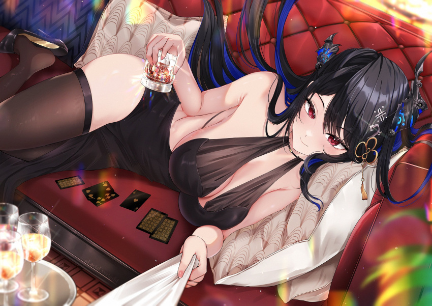 1girl alcohol asymmetrical_horns bare_shoulders black_dress black_hair blue_hair blush breasts colored_inner_hair cup demon_horns dress glass hair_ornament highres hololive hololive_english horns lacia_everlight large_breasts long_hair looking_at_viewer mole mole_under_eye multicolored_hair nerissa_ravencroft red_eyes smile solo two-tone_hair uneven_horns very_long_hair virtual_youtuber