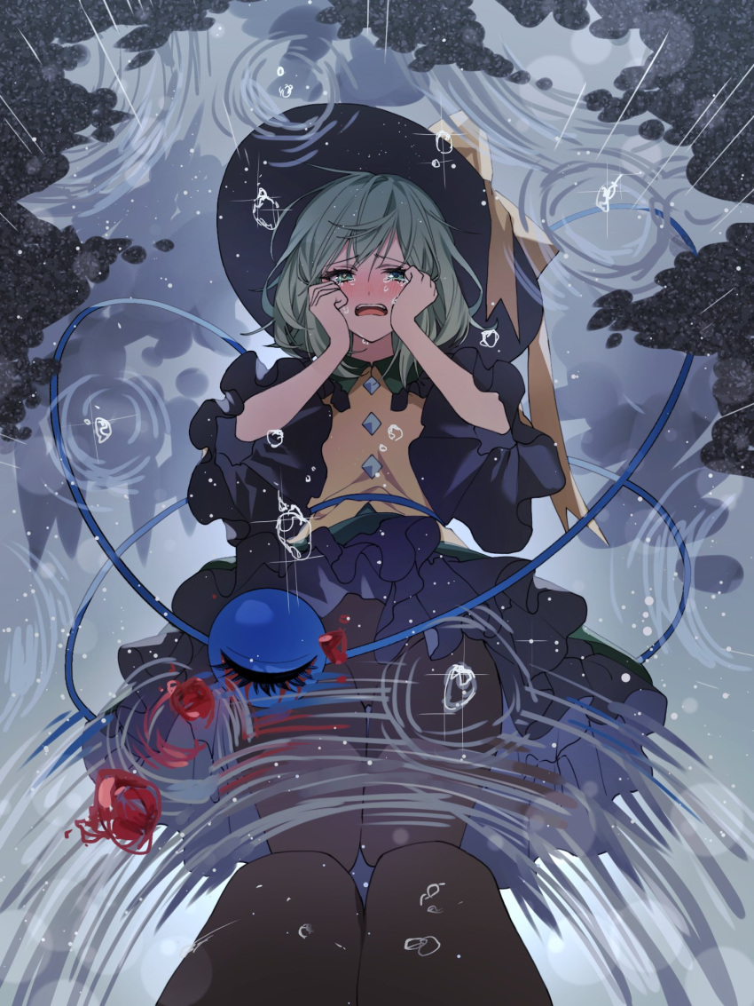 1girl black_pantyhose blood blood_from_eyes commentary crying crying_with_eyes_open enoki_3106 female_pov frilled_skirt frilled_sleeves frills green_eyes green_hair green_skirt hands_on_own_cheeks hands_on_own_face hat hat_ribbon highres komeiji_koishi looking_at_reflection medium_hair outdoors pantyhose petticoat pov puddle rain reflection ribbon shirt skirt solo tears third_eye touhou wide_brim yellow_ribbon yellow_shirt