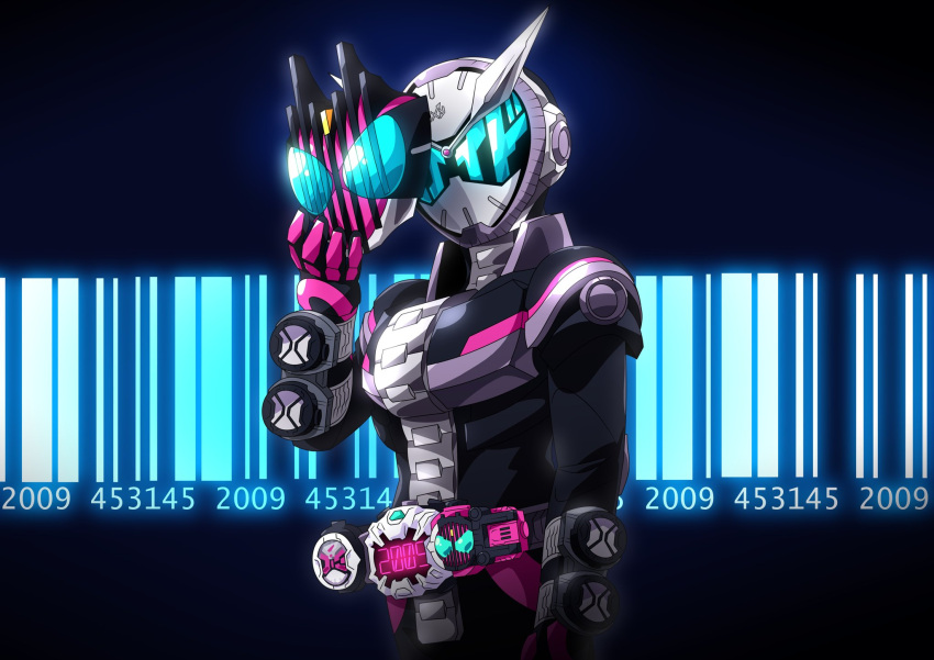 1boy 2009 alternate_eye_color armor barcode belt bodysuit commentary decade_rider_watch glowing glowing_eyes helmet highres holding holding_mask hologram iku_driver kamen_rider kamen_rider_dcd kamen_rider_decade kamen_rider_zi-o kamen_rider_zi-o_(series) male_focus mask otokamu rider_belt solo ziku_driver