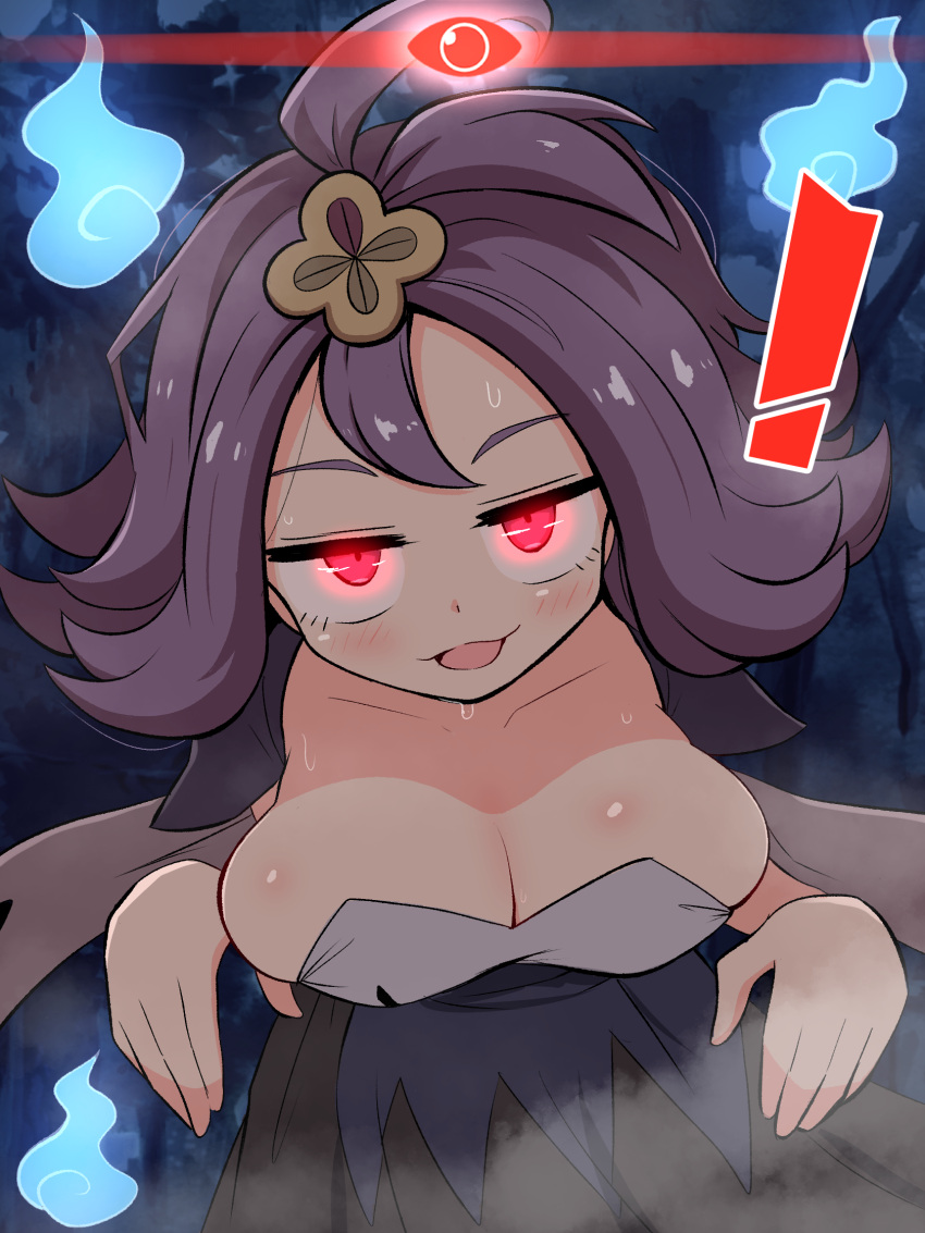 ! 1girl acerola_(pokemon) ahoge alpha_pokemon alternate_breast_size breasts cleavage gameplay_mechanics glowing glowing_eyes highres hitodama kurachi_mizuki large_breasts looking_at_viewer naughty_face night open_mouth outdoors pokemon pokemon_sm purple_hair red_eyes solo sweat