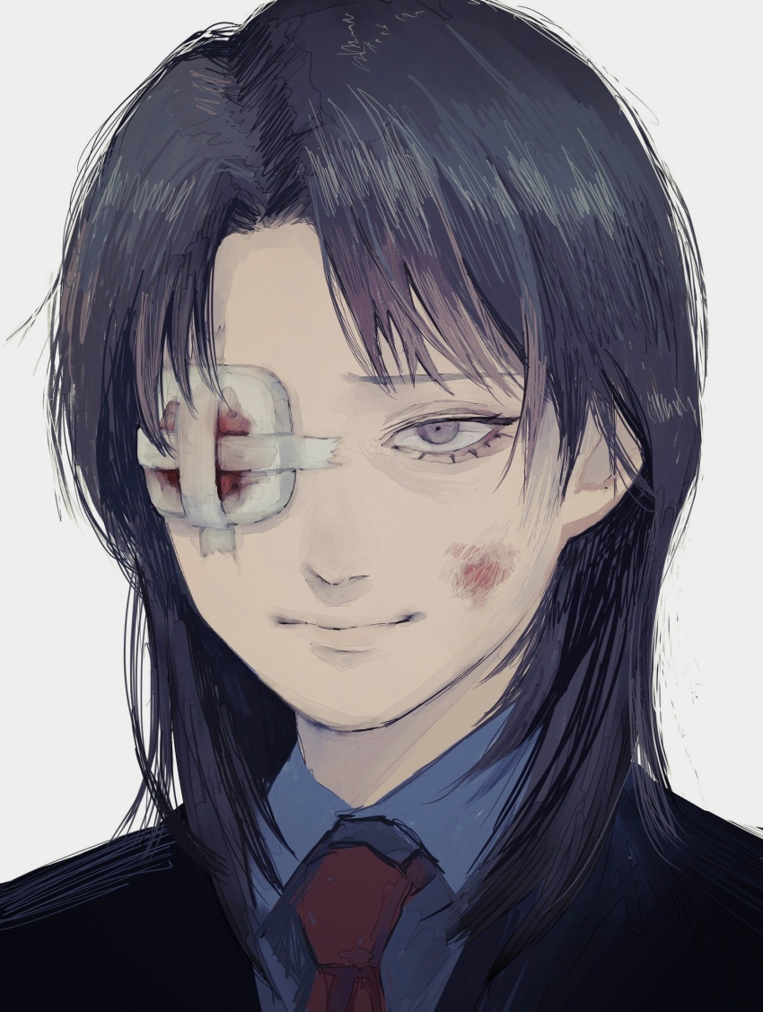 1boy bandage_over_one_eye black_hair black_jacket blood blood_on_face closed_mouth collared_shirt commentary false_smile grey_eyes grey_shirt highres ichijou_seiya jacket kaiji long_hair looking_at_viewer male_focus medium_bangs necktie portrait red_necktie shirt simple_background smile solo suittyo_sama white_background