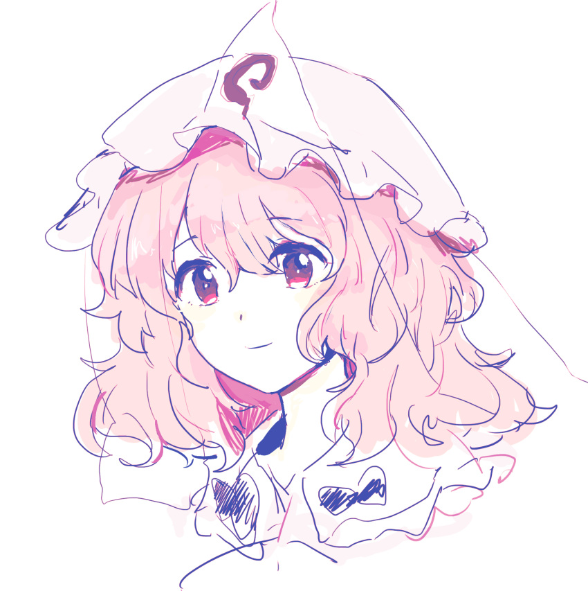 1girl baozishark closed_mouth frills hat highres hu_su limited_palette medium_hair mob_cap pink_eyes pink_hair saigyouji_yuyuko sketch smile solo touhou triangular_headpiece upper_body veil wavy_hair