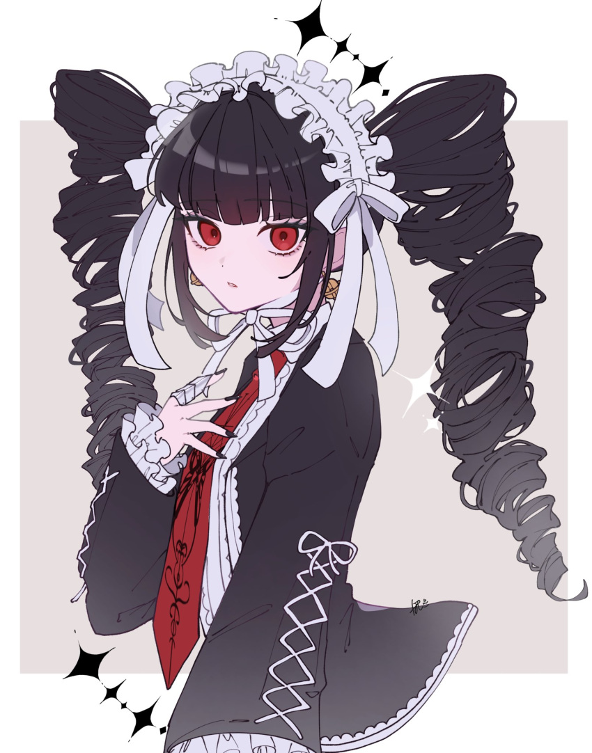 1girl black_hair black_jacket black_nails celestia_ludenberg center_frills danganronpa:_trigger_happy_havoc danganronpa_(series) drill_hair earrings frills grey_background headdress highres jacket jewelry long_hair long_sleeves nail_polish necktie open_clothes open_jacket pote_(pote_39) print_necktie red_eyes red_necktie shirt solo teeth twin_drills twintails white_background white_shirt