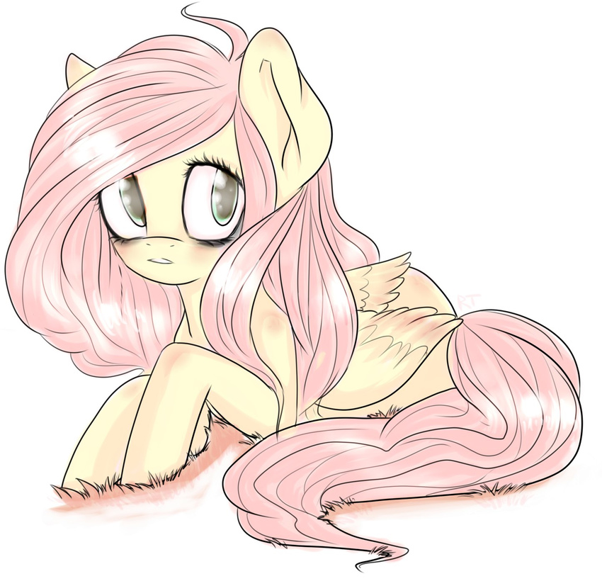 blush equine feathers female feral fluttershy_(mlp) friendship_is_magic fur grass hair hooves horse looking_at_viewer makeup mammal my_little_pony mylittlerainbow-time pegasus pink_hair plain_background pony sitting solo white_background wings yellow_fur