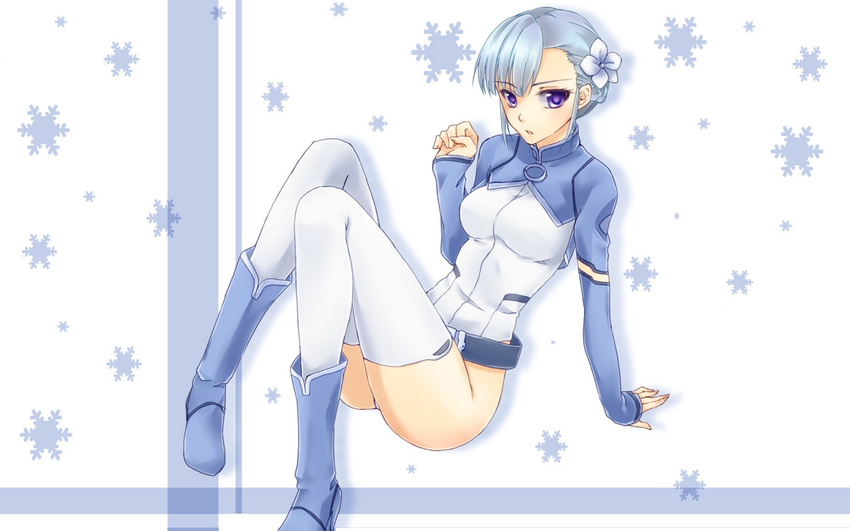 1girl arm_support artist_request belt blue_hair blush bodysuit boots braid ears female fin_e_ld_si_laffinty fingernails flower hair_flower hair_ornament hands highleg highres legs long_sleeves looking_at_viewer parted_lips purple_eyes rinne_no_lagrange short_hair silhouette sitting snowflakes solo thighhighs turtleneck wallpaper white_legwear