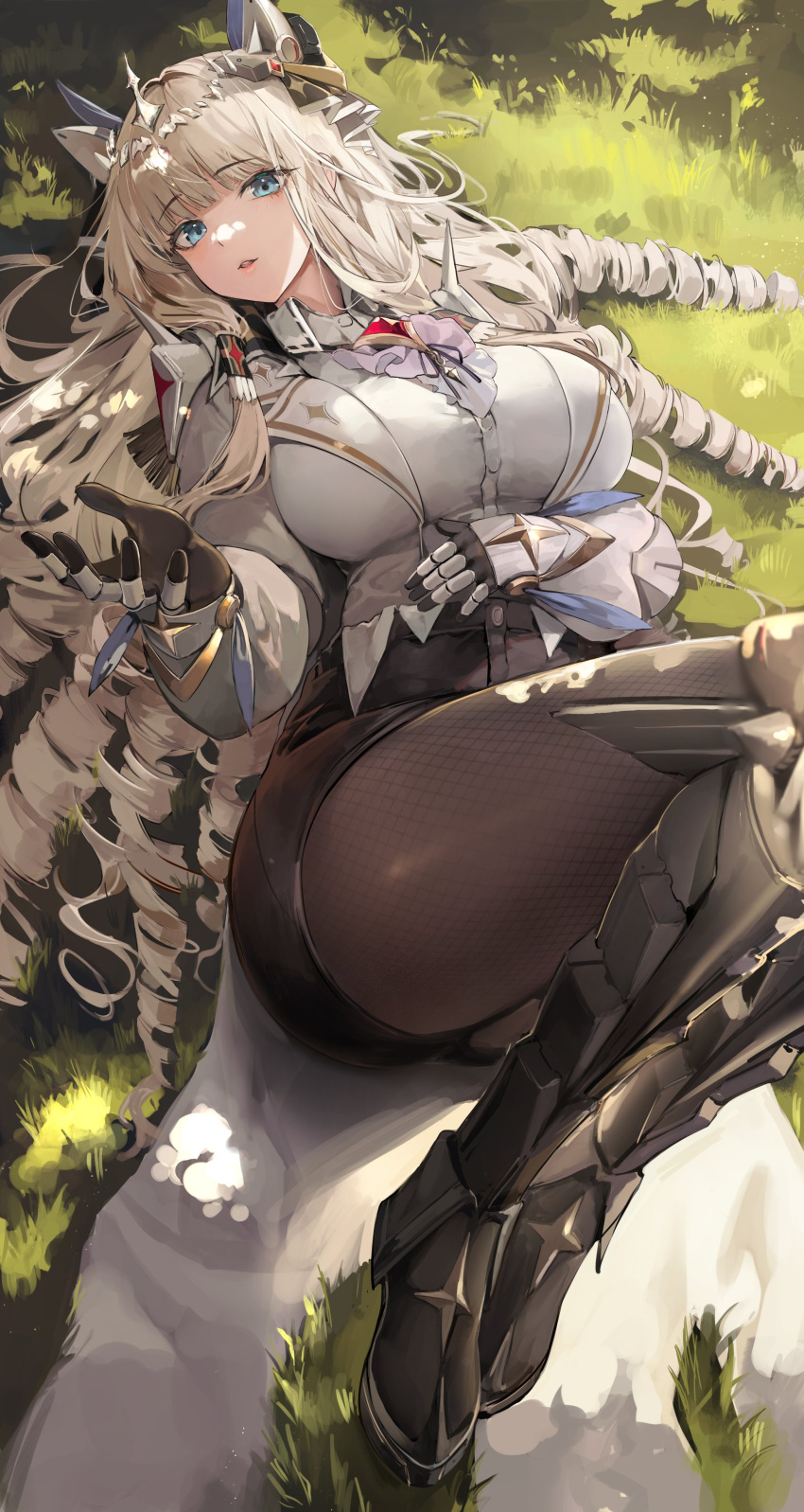 1girl absurdres black_pantyhose blue_eyes breasts cape crown_(nikke) gloves goddess_of_victory:_nikke highres large_breasts lillly long_hair looking_at_viewer lying on_grass pantyhose pantyhose_under_shorts parted_lips shirt_tucked_in shorts smile solo twintails very_long_hair white_gloves white_hair