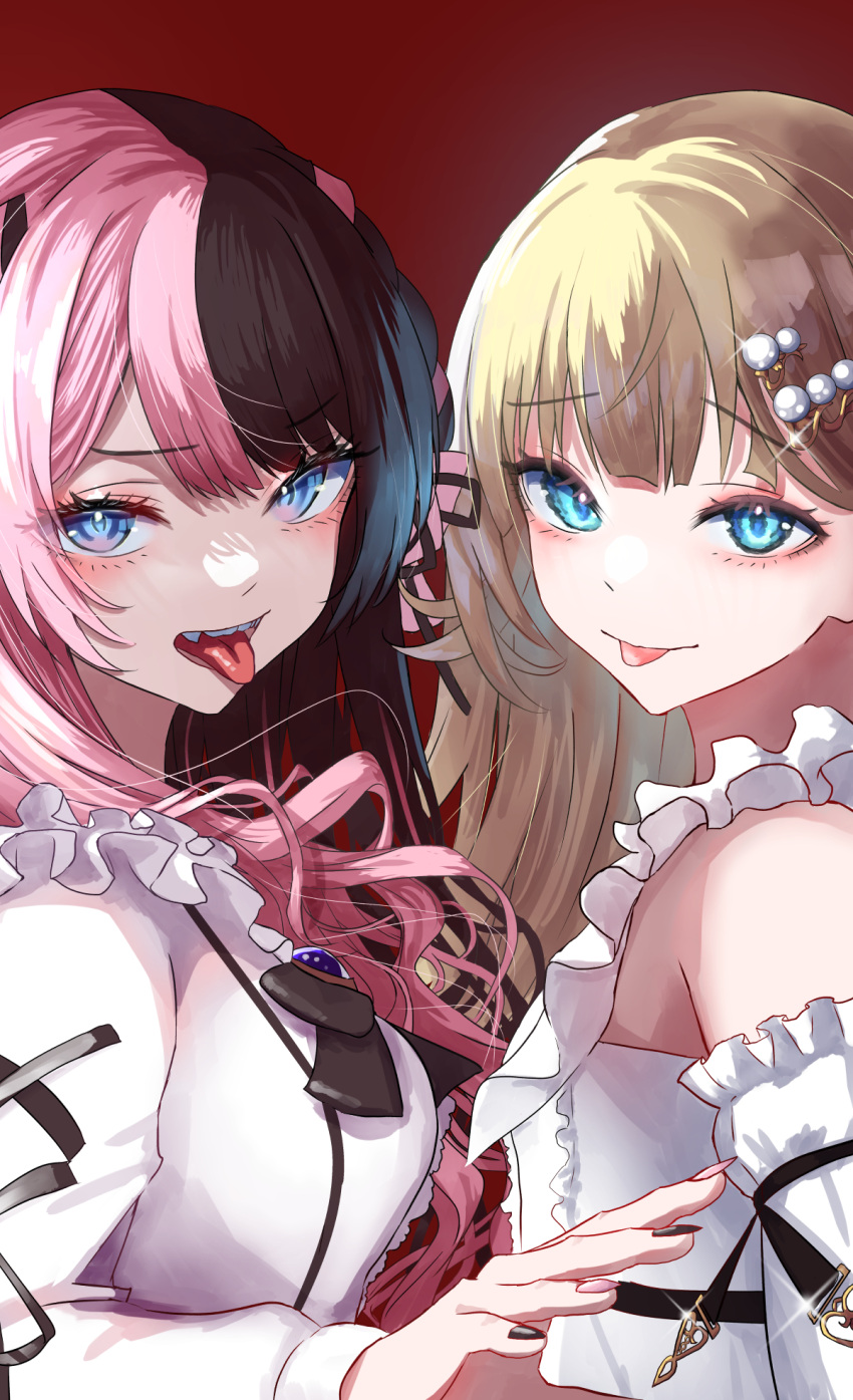 2girls black_bow black_hair blue_eyes bow braid breasts brooch brown_hair brown_nails cattleya_regina_games commentary eyelashes fang french_braid frilled_sleeves frills hair_ornament hanabusa_lisa highres iris_black_games jewelry long_hair multicolored_hair multiple_girls open_mouth pearl_hair_ornament pink_bow pink_hair pink_nails red_background ribbon shirt shrug_(clothing) simple_background split-color_hair tachibana_hinano_(vtuber) tongue tongue_out two-tone_hair virtual_youtuber vspo! white_shirt yusuke_(shiota)