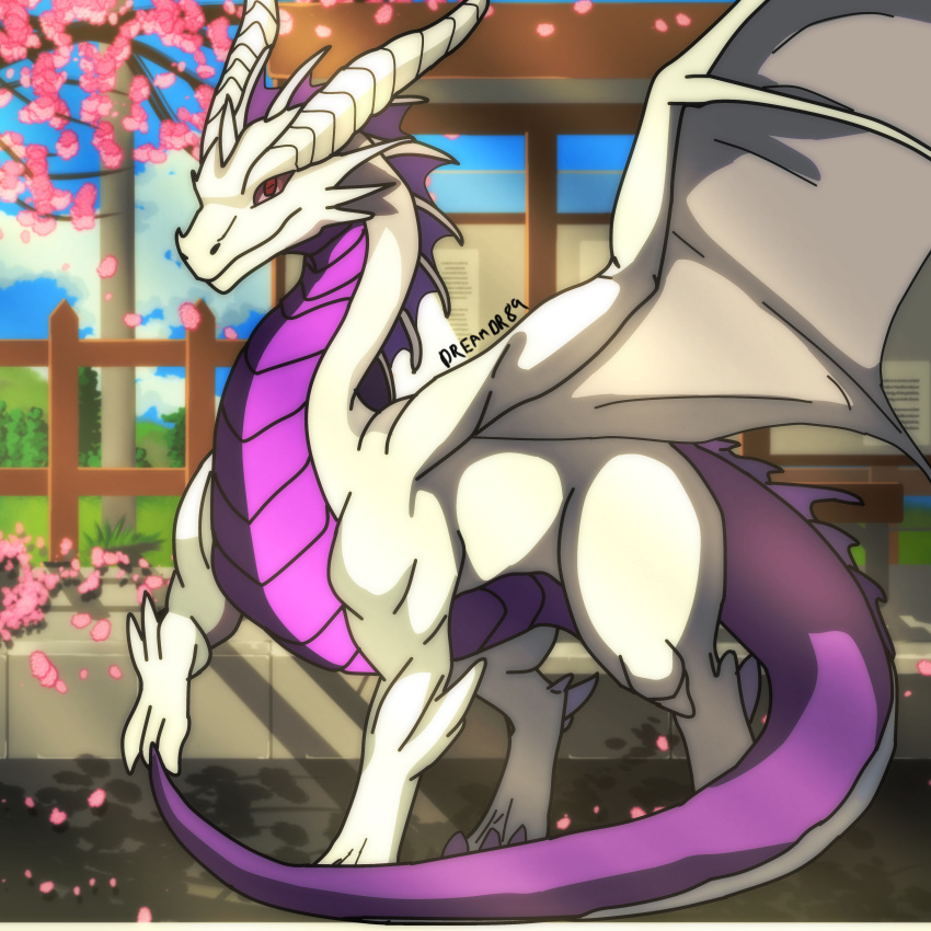 absurd_res dragon dreamdragon89 female feral hi_res mythological_creature mythological_scalie mythology purple_body roses_in_the_flames scalie scenery solo tail white_body wings