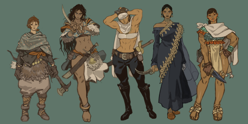 5girls abs armor arrow_(projectile) axe battle_axe black_hair bow_(weapon) brown_hair cape cromwaits earrings facepaint highres holding holding_axe holding_weapon jewelry knife long_hair multiple_girls muscular muscular_female navel original short_hair simple_background sword warrior weapon