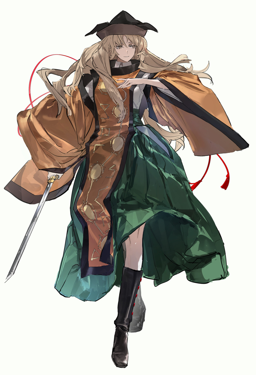1girl black_footwear black_hat blonde_hair boots commentary_request detached_sleeves green_skirt hat highres hip_vent holding holding_sword holding_weapon limiicirculate long_hair long_sleeves matara_okina orange_sleeves orange_tabard pleated_skirt pointy_hat shirt skirt smile solo sword tabard touhou undershirt weapon white_shirt wide_sleeves yellow_eyes