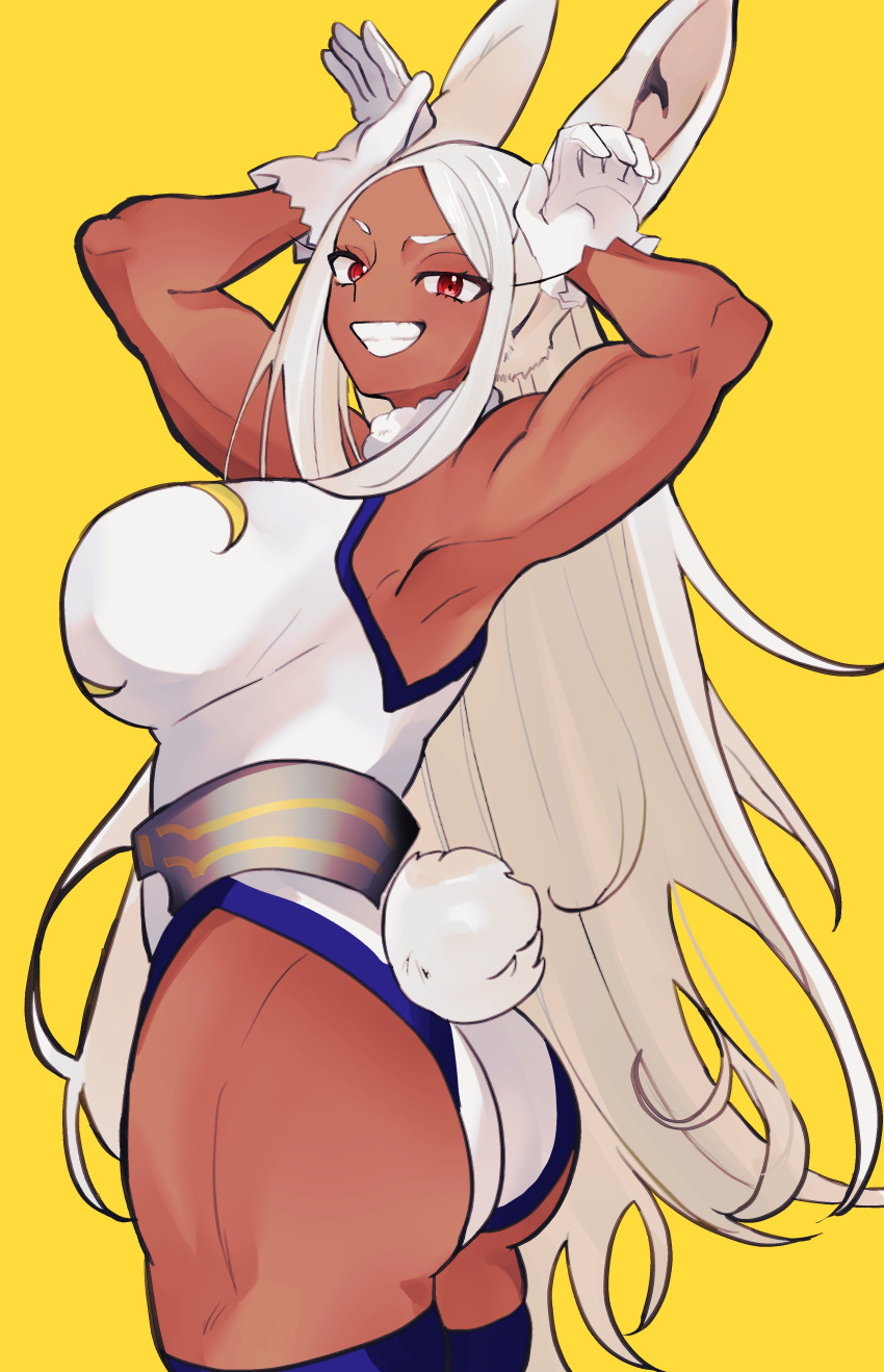 1girl :d absurdres animal_ears armpits arms_up ass bare_shoulders boku_no_hero_academia breasts crescent_print dark-skinned_female dark_skin from_side fur_collar gloves highleg highleg_leotard highres large_breasts leotard long_eyelashes long_hair looking_at_viewer mirko parted_bangs purple_thighhighs rabbit_ears rabbit_girl rabbit_pose rabbit_tail red_eyes sleeveless_turtleneck_leotard smile solo suna_(hanahanaamika) tail tail_through_clothes teeth thick_thighs thighhighs thighs toned_female uneven_eyes very_long_hair white_gloves white_hair white_leotard yellow_background