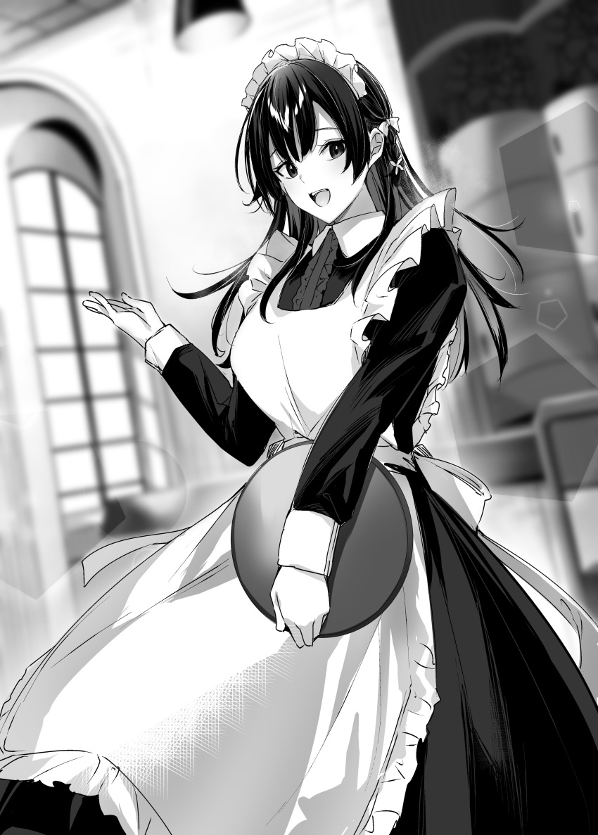 1girl absurdres apron blurry blurry_background bow breasts commentary_request depth_of_field greyscale hair_bow hand_up highres hitotsuba_kaede holding kakao_(chocolate_land) large_breasts long_hair maid maid_apron maid_headdress monochrome novel_illustration official_art open_mouth raised_eyebrows ryoushin_no_shakkin sidelocks smile solo teeth unconventional_maid upper_teeth_only