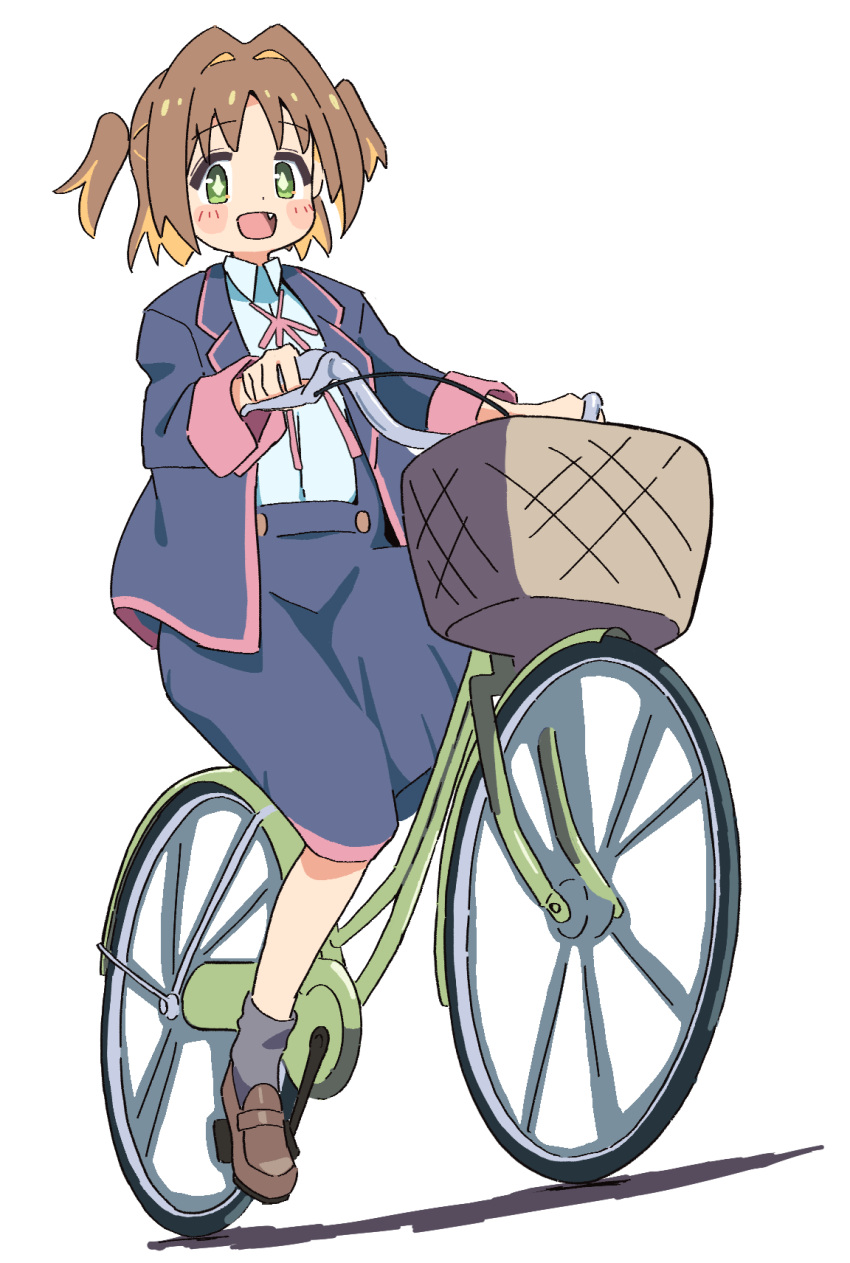1girl :d bicycle bicycle_basket black_jacket black_skirt blush_stickers brown_footwear brown_hair colored_inner_hair commentary diamond-shaped_pupils diamond_(shape) dot_nose fang full_body green_eyes grey_socks hair_intakes highres jacket loafers long_sleeves looking_at_viewer multicolored_hair neck_ribbon noyama_takenoko oka_asahi onii-chan_wa_oshimai! open_clothes open_jacket open_mouth orange_hair red_ribbon ribbon riding riding_bicycle school_uniform shirt shoes short_hair simple_background skirt smile socks solo suspender_skirt suspenders symbol-shaped_pupils two-tone_hair two_side_up white_background white_shirt