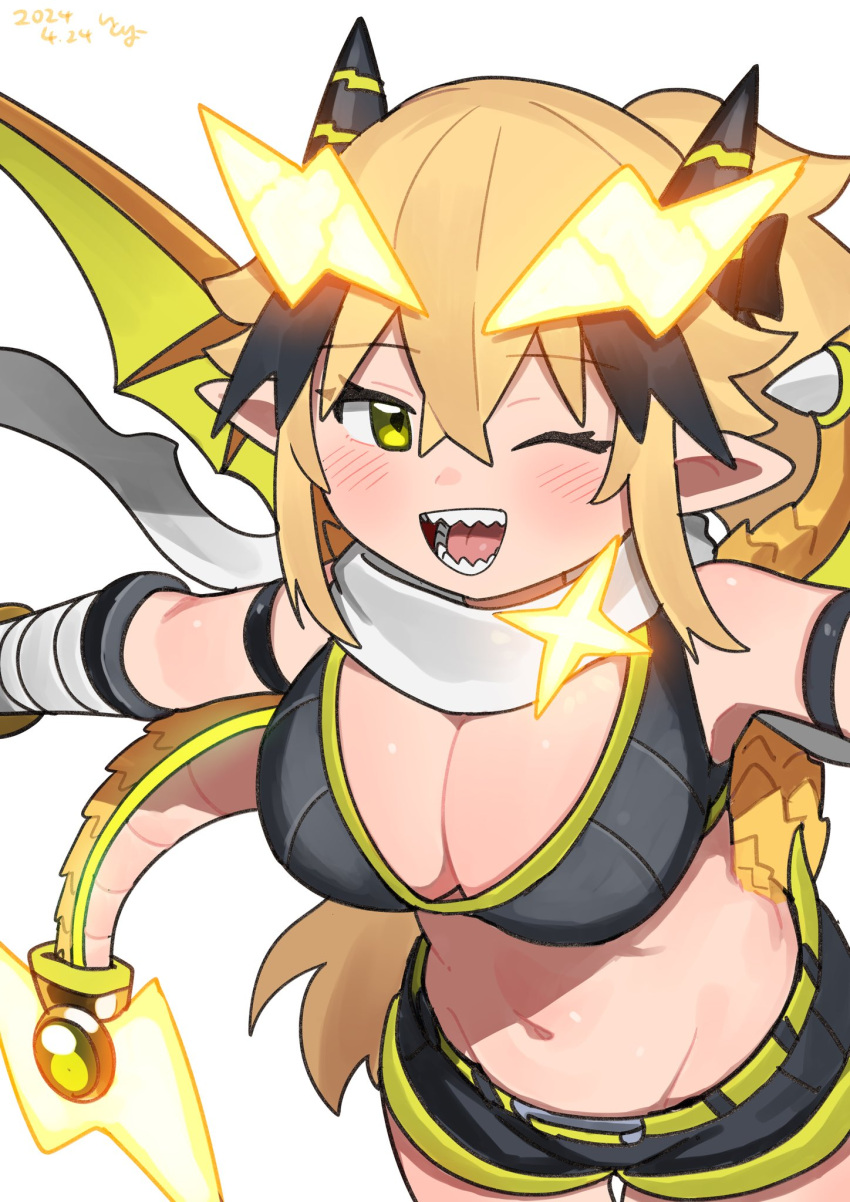 1girl blonde_hair breasts cleavage crossed_bangs dragon_girl dragon_horns dragon_tail hair_between_eyes hair_ornament highres horns itoriyo large_breasts lightning_bolt_hair_ornament lightning_bolt_symbol long_hair navel one_eye_closed original pointy_ears scarf sharp_teeth short_shorts shorts simple_background sports_bra tail teeth white_background wings yellow_eyes