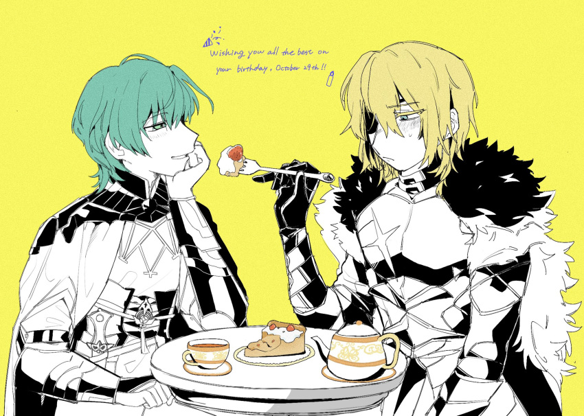 2boys alternate_hair_color armor bad_id bad_twitter_id birthday_cake blonde_hair blue_eyes blush byleth_(fire_emblem) byleth_(male)_(fire_emblem) cake cape closed_mouth cup dimitri_alexandre_blaiddyd english_text enlightened_byleth_(male) eyepatch feeding fire_emblem fire_emblem:_three_houses food fork fruit gift_art gloves green_eyes green_hair hand_on_own_chin hand_up happy_birthday highres holding holding_fork inactive_account jmeysan long_sleeves looking_down male_focus multiple_boys open_mouth partially_colored short_hair simple_background smile strawberry table teacup teapot upper_body yaoi yellow_background