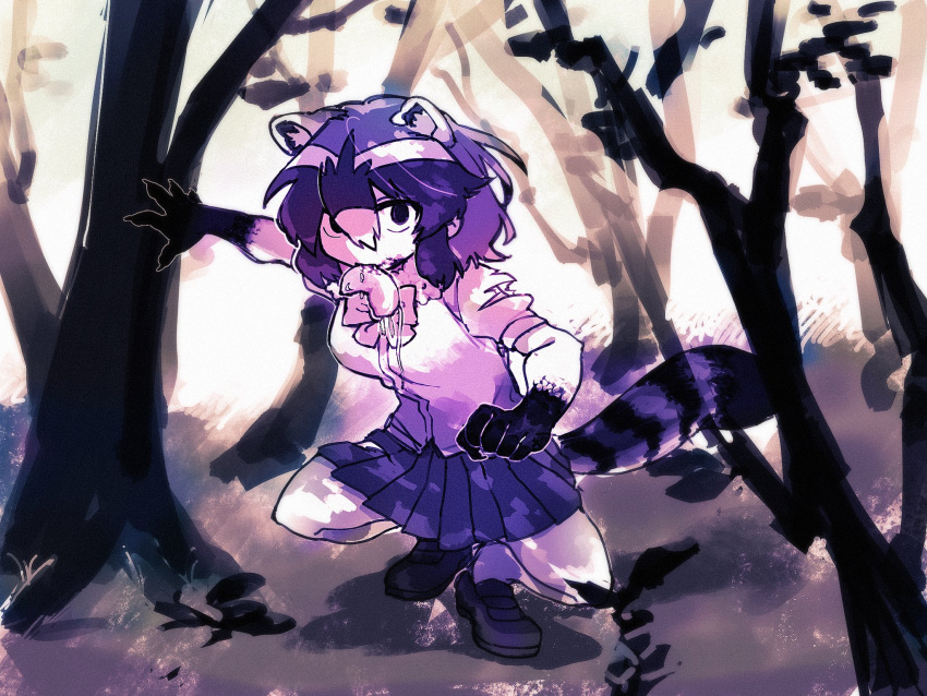 1girl animal_ears arm_up bad_id bad_twitter_id bare_tree blood blood_on_face bow bowtie breasts claws common_raccoon_(kemono_friends) forest full_body highres inactive_account jmeysan kemono_friends loafers looking_at_viewer medium_breasts mouse_(animal) mouth_hold multicolored_hair nature outdoors outstretched_arm pleated_skirt raccoon_ears raccoon_tail shirt shoes short_hair skirt solo squatting tail tree
