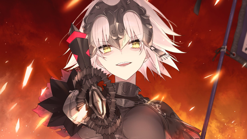 1girl armor armored_dress banner black_dress breasts chain dress fate/grand_order fate_(series) gauntlets headpiece highres holding jeanne_d'arc_alter_(avenger)_(fate) jeanne_d'arc_alter_(avenger)_(first_ascension)_(fate) jeanne_d'arc_alter_(fate) large_breasts looking_at_viewer plackart pttyr short_hair solo sword weapon white_hair yellow_eyes