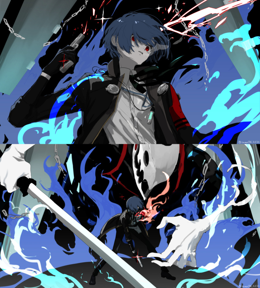 1boy armband black_gloves black_jacket black_ribbon blue_fire blue_hair chain collared_shirt commentary_request dark_blue_hair digital_media_player dust_cloud earphones evoker fighting_stance fire from_behind gekkoukan_high_school_uniform gloves gun headphones headphones_around_neck highres holding holding_gun holding_sword holding_weapon jacket long_sleeves looking_at_viewer male_focus multiple_views neck_ribbon open_clothes open_jacket parted_lips persona persona_(summon) persona_3 persona_3_reload red_armband red_eyes ribbon s.e.e.s school_uniform shirt short_hair size_difference standing sword tamaon_2525 thanatos_(persona) weapon white_gloves white_shirt yuuki_makoto_(persona_3)