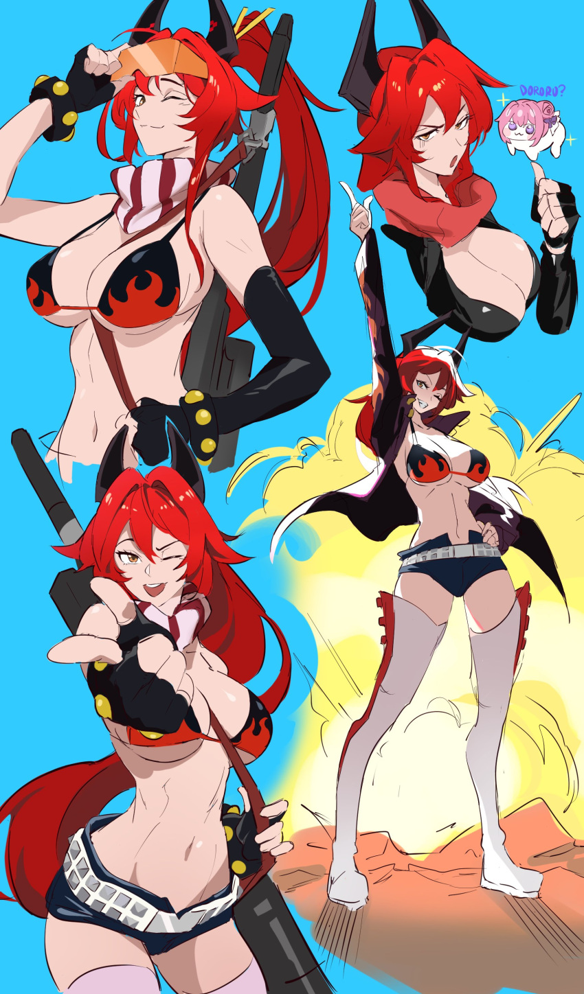 1girl absurdres belt bikini bikini_top_only blue_background cosplay doro_(nikke) dorothy_(nikke) explosion flame_print goddess_of_victory:_nikke gun highres no_shirt rakaieye red_hair red_hood_(nikke) rifle scarf simple_background sniper_rifle solo studded_belt studded_bracelet swimsuit tengen_toppa_gurren_lagann weapon yoko_littner yoko_littner_(cosplay)