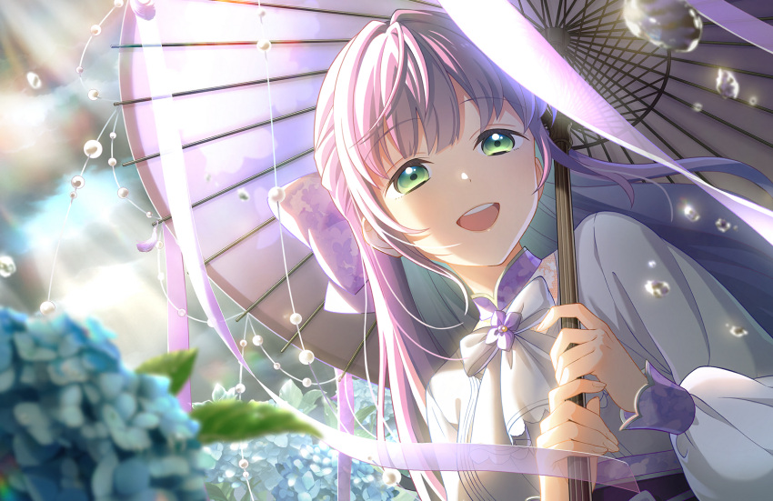 1girl :d ame_to_ajisai_ni_utaeba_(love_live!) ascot blue_flower blurry blurry_foreground bow cloud cloudy_sky depth_of_field dutch_angle flower game_cg green_eyes hair_bow half-closed_eyes half_updo highres holding holding_umbrella hydrangea link!_like!_love_live! long_hair long_sleeves looking_at_viewer love_live! official_art oil-paper_umbrella open_mouth otomune_kozue puffy_long_sleeves puffy_sleeves purple_bow purple_hair shirt sidelocks sky sleeve_cuffs smile solo teeth third-party_source umbrella upper_body upper_teeth_only virtual_youtuber water_drop white_ascot white_shirt