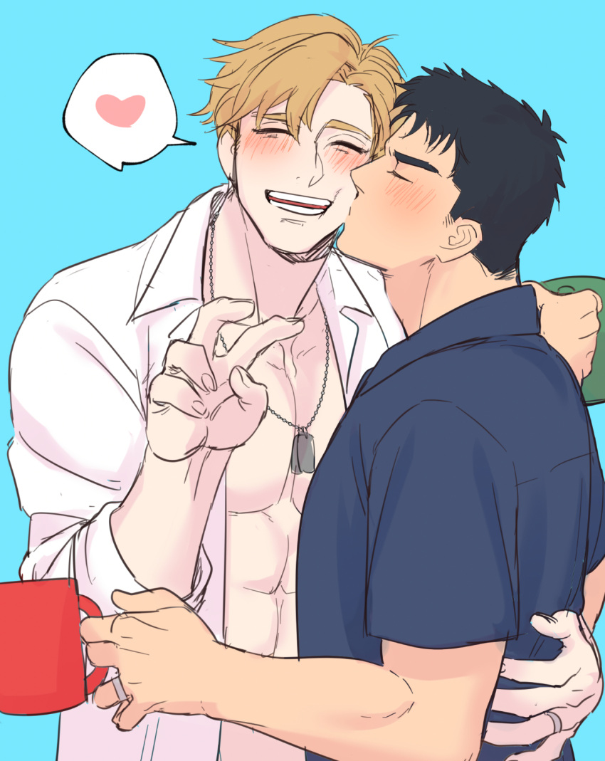 2boys ao_isami blush collared_shirt couple cuddling cup facial_hair heart highres holding holding_cup jewelry kiss kissing_cheek lewis_smith male_focus mug multiple_boys pectoral_cleavage pectorals profile ring shirt sideburns_stubble spoken_heart stubble thick_eyebrows toned toned_male upper_body yaoi yuuki_bakuhatsu_bang_bravern yuzuki_(hmr813k)