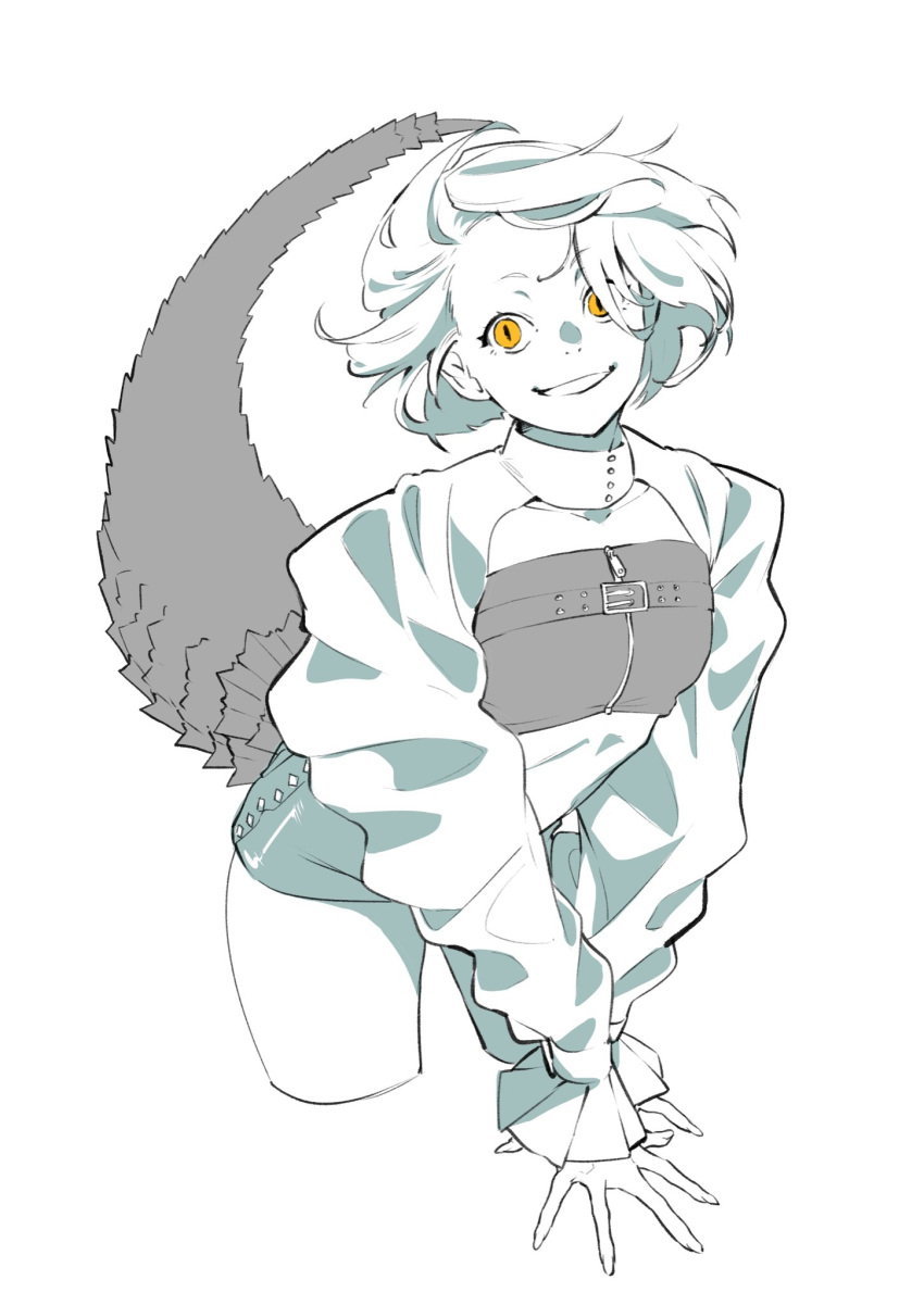 1girl commentary greyscale highres lizard_tail looking_at_viewer mitsuya_ryo monochrome original own_hands_together puffy_sleeves short_hair short_shorts shorts simple_background slit_pupils smile solo spot_color standing symbol-only_commentary tail yellow_eyes