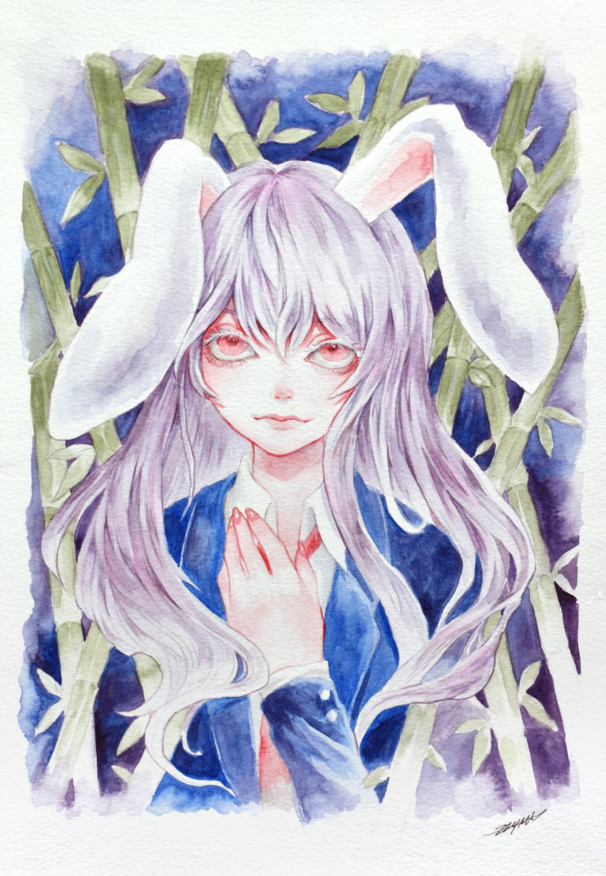 1girl animal_ears artist_name bamboo bamboo_forest blue_coat blue_jacket buttons coat collared_shirt forest hair_between_eyes hand_on_own_chest highres jacket johnalay leaf long_hair nature necktie night night_sky open_clothes open_coat open_jacket painting_(medium) purple_hair rabbit_ears rabbit_girl red_eyes red_necktie reisen_udongein_inaba shirt signature sky touhou traditional_media white_fur white_shirt