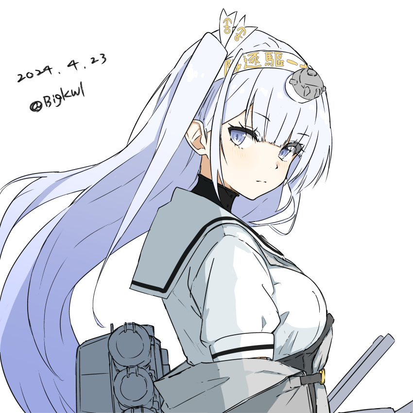 1girl absurdres anchor_symbol bigkwl breasts closed_mouth clothes_writing dated fuyutsuki_(kancolle) grey_eyes grey_hair grey_neckerchief hachimaki hair_between_eyes headband headgear highres kantai_collection large_breasts long_hair looking_at_viewer neckerchief one-hour_drawing_challenge one_side_up rigging sailor_collar school_uniform serafuku simple_background solo twintails twitter_username upper_body very_long_hair white_background white_headband white_sailor_collar