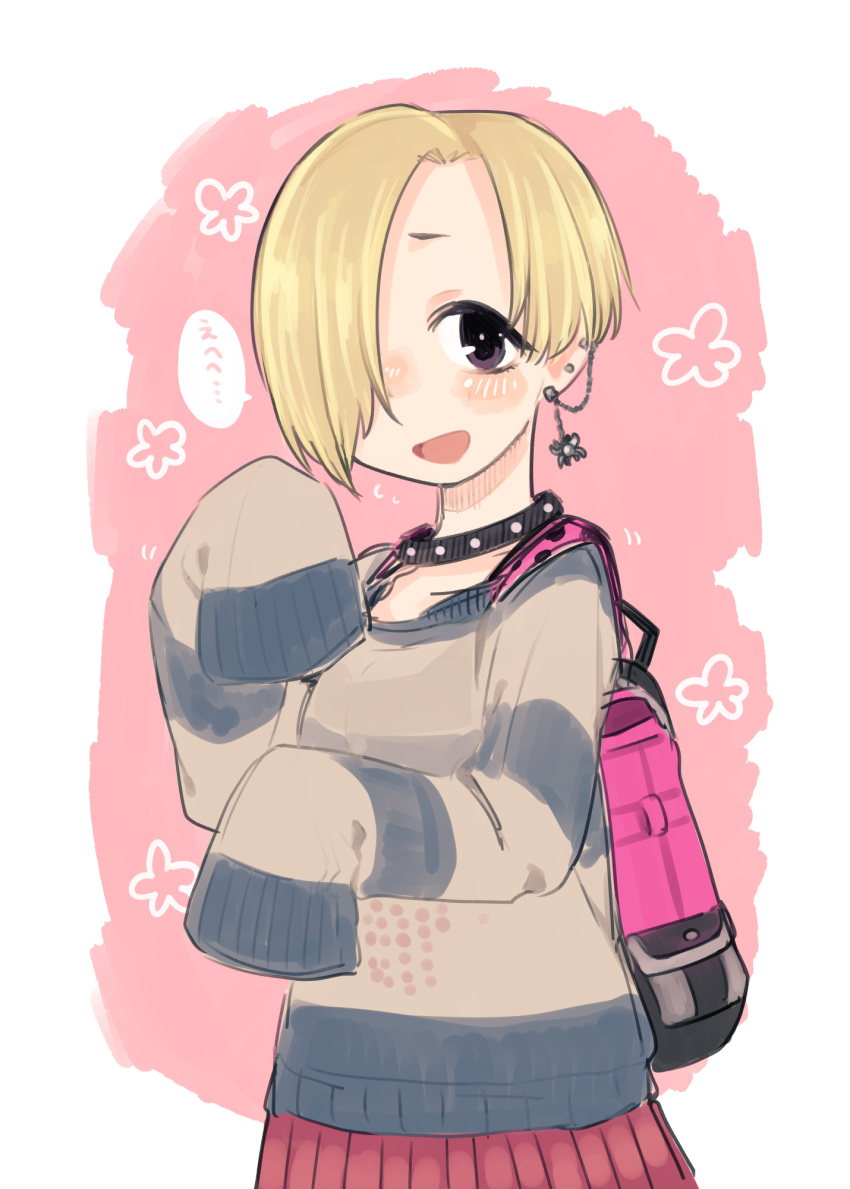 1girl backpack bag blonde_hair blush border brown_sweater collar cowboy_shot drop_earrings ear_chain earrings flower_(symbol) flying_sweatdrops furrowed_brow hair_over_one_eye hands_up highres idolmaster idolmaster_cinderella_girls ino_(tellu0120) jewelry laughing long_bangs long_sleeves looking_at_viewer nervous one_eye_covered open_mouth outside_border pink_background pink_bag pleated_skirt purple_eyes red_skirt shirasaka_koume short_eyebrows short_hair skirt sleeves_past_fingers sleeves_past_wrists smile solo speech_bubble standing striped_clothes striped_sweater sweater white_border