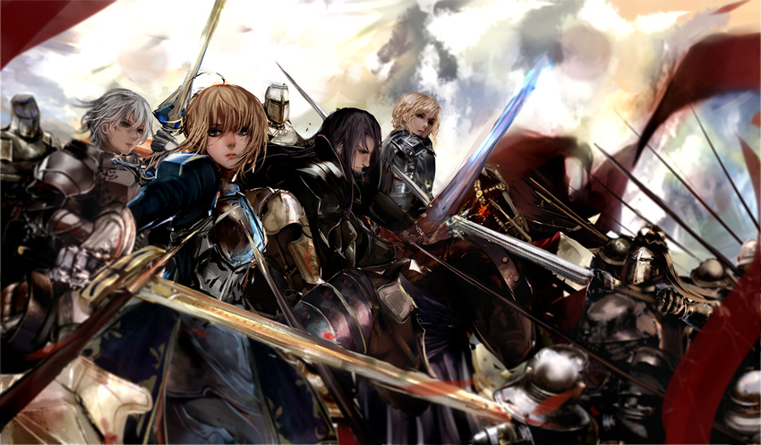 6+boys ahoge armor artoria_pendragon_(all) bedivere blonde_hair excalibur fate/apocrypha fate/extra fate/stay_night fate/zero fate_(series) flag gawain_(fate/extra) horse king knight lancelot_(fate/zero) misako12003 multiple_boys polearm saber spear sword weapon