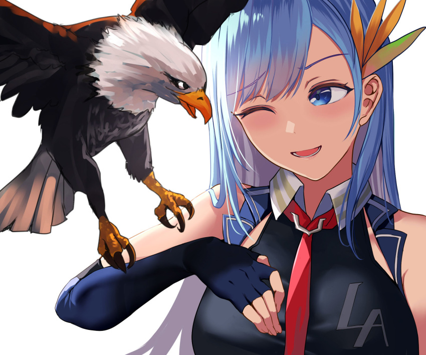 1girl azur_lane bald_eagle bird black_gloves black_shirt blue_hair blush breasts commentary_request eagle elbow_gloves fingerless_gloves gloves highres large_breasts long_hair looking_at_animal looking_to_the_side lower_teeth_only necktie one_eye_closed open_mouth red_necktie sail_(sail-away) shirt sidelocks simple_background sleeveless sleeveless_shirt smile solo swept_bangs teeth ticonderoga_(azur_lane) upper_body white_background