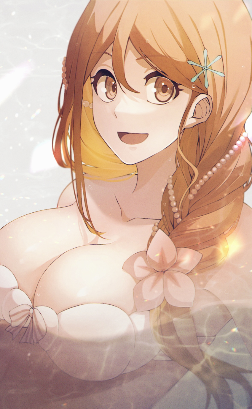 1girl :d alternate_costume alternate_hairstyle bikini bleach braid braided_ponytail breasts brown_eyes cleavage close-up collarbone commentary_request double-parted_bangs eyelashes flower gem hair_between_eyes hair_flower hair_ornament hair_over_shoulder hairpin happy highres inoue_orihime large_breasts long_hair looking_at_viewer open_mouth orange_hair pearl_(gemstone) pearl_hair_ornament pink_flower smile solo sumire_1046 swimsuit symmetrical_hand_pose tareme white_bikini