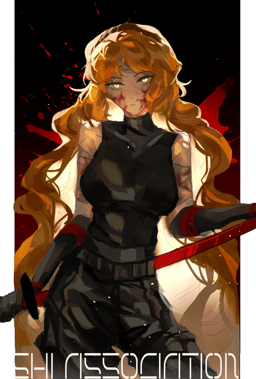 1girl bandaged_arm bandages black_gloves blood blood_on_face blood_on_hands blood_splatter freckles gloves glowing glowing_eyes glowing_hair green_eyes highres iccevzy ishmael_(project_moon) limbus_company orange_hair project_moon solo sword title weapon