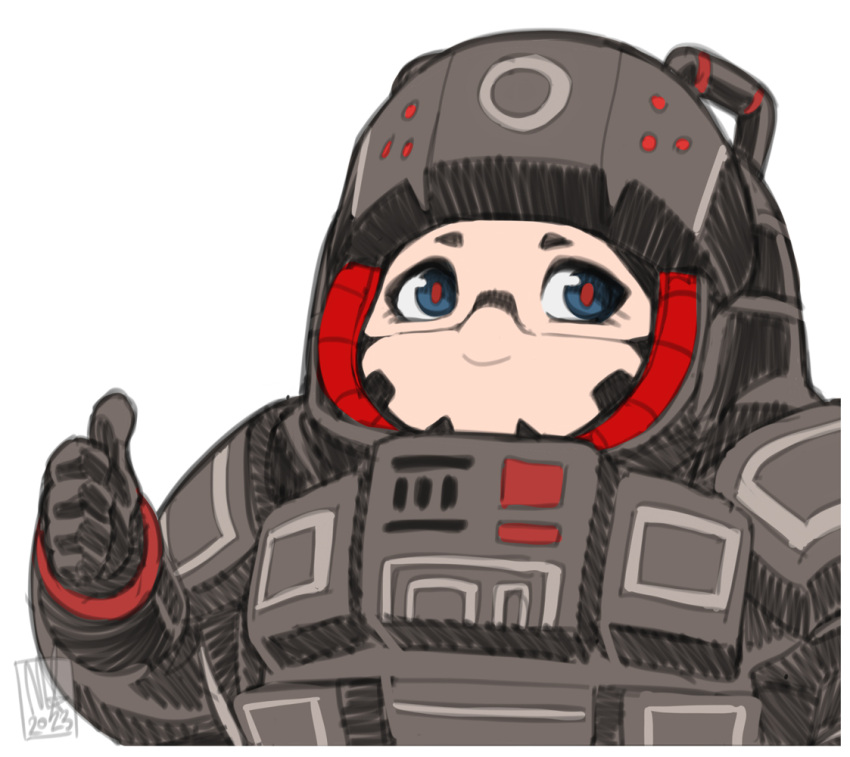 1girl android armor artist_name bigmsaxon black_gloves blue_eyes border chibi chibi_only commentary english_commentary gloves helmet looking_at_viewer metal_skin mynah_(signalis) portrait power_armor red_pupils signalis simple_background smile solo thumbs_up white_background white_border