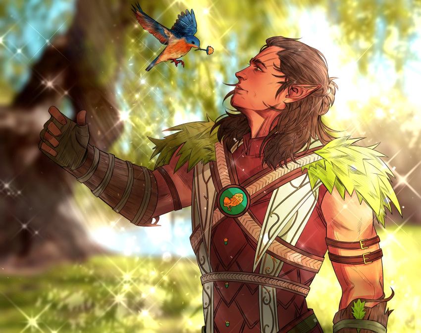 1boy affectionate baldur's_gate baldur's_gate_3 belt bird dark-skinned_male dark_skin dungeons_&amp;_dragons grant_k_233 halsin highres male_focus mature_male medium_hair pointy_ears profile solo sparkle_background standing thick_eyebrows toned toned_male tribal upper_body