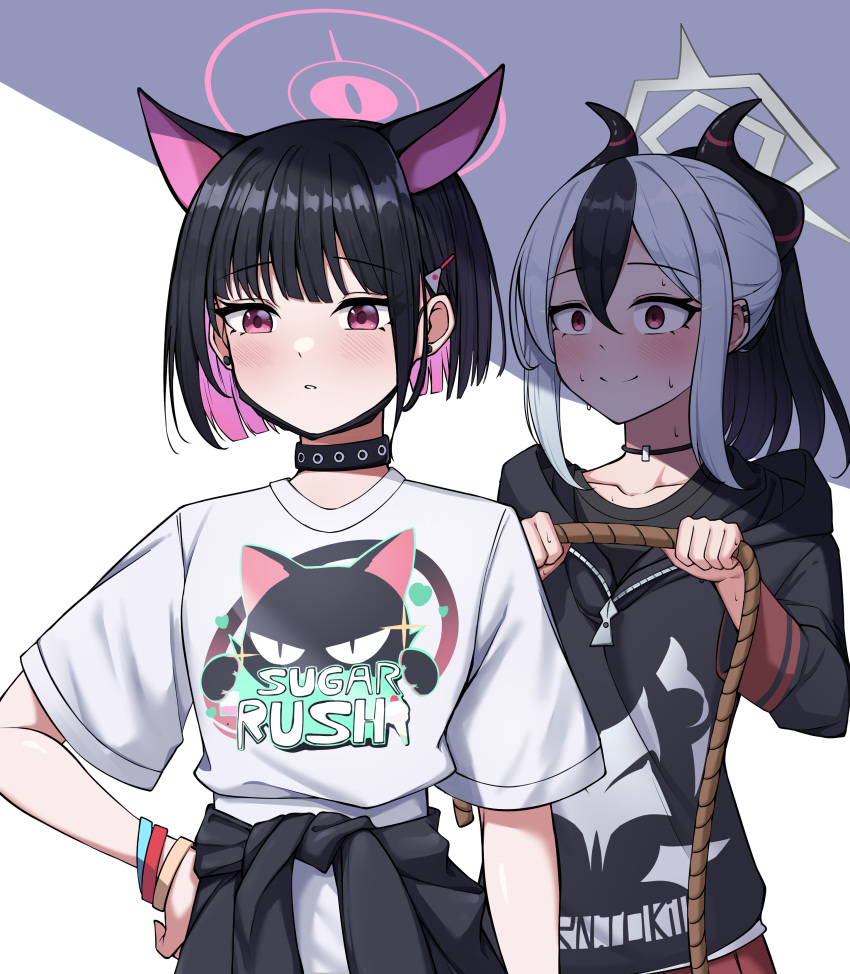 2girls absurdres animal_ears black_choker black_hair black_jacket black_sweater blue_archive blunt_bangs blush bob_cut bracelet cat_ears cat_girl choker clothes_around_waist collarbone colored_inner_hair commentary demon_girl demon_horns earrings extra_ears gekhuay hair_between_eyes hair_ornament hairclip halo hand_on_own_hip highres holding holding_rope hood hooded_sweater horns jacket jacket_around_waist jewelry kayoko_(blue_archive) kazusa_(band)_(blue_archive) kazusa_(blue_archive) long_hair long_sleeves looking_at_another multicolored_hair multiple_girls nervous_sweating official_alternate_costume parted_lips pleated_skirt ponytail print_shirt red_eyes red_skirt rope shaded_face shirt short_hair short_sleeves sidelocks simple_background skirt sweat sweater t-shirt two-tone_hair white_background white_hair white_shirt