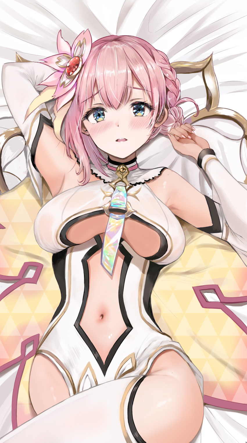 bed_sheet braid braided_bun breasts clothing_cutout dakimakura_(medium) doughnut_hair_bun dress flower_ornament hair_bun highres hip_vent navel_cutout pink_hair princess_connect! single_hair_bun single_side_bun staryume thigh_cutout tight_clothes tight_dress underboob_cutout white_dress yui_(astral)_(princess_connect!) yui_(princess_connect!)