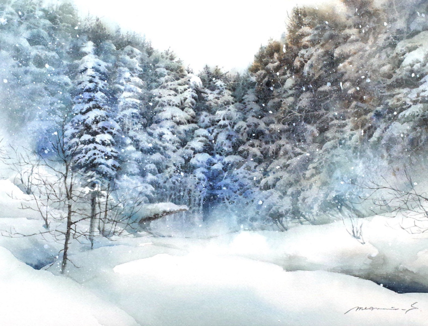 bare_tree dappled_sunlight day dead_plants forest highres nature no_humans original painting_(medium) pine_tree plant scenery shimizu_megumi_(m_acquerello) snow snowing sunlight traditional_media tree tree_shade watercolor_(medium)