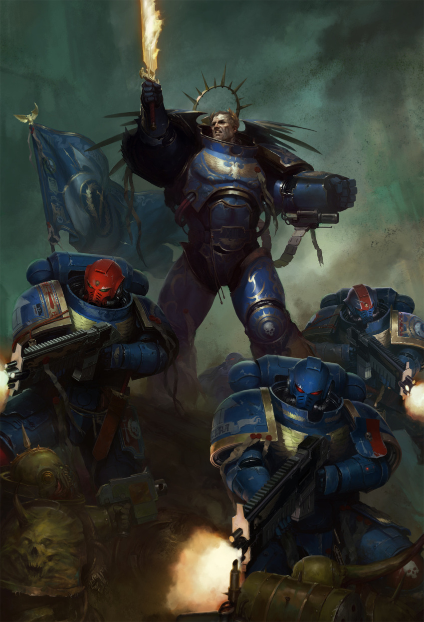 6+boys adeptus_astartes armor armor_of_fate_(warhammer) battle bird blonde_hair blue_armor bug chaos_(warhammer) chaos_space_marine commentary death_guard eagle emperor's_sword_(warhammer) english_commentary firing full_armor halo highres holding holding_bolter igor_sid imperial_aquila imperium_of_man laurel_crown mechanical_halo multiple_boys official_art outdoors pauldrons plague_marine power_armor primarch purity_seal red_eyes roboute_guilliman rot_fly short_hair shoulder_armor solo_focus standing ultramarines warhammer_40k waving_flag