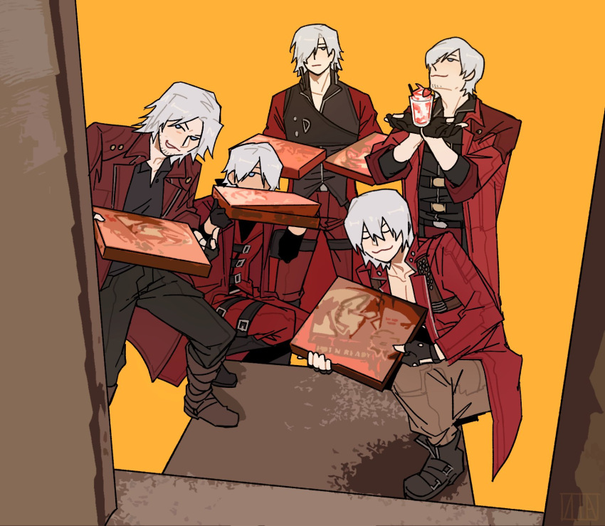 5boys aged_down aged_up belt_bra black_gloves blue_eyes boots capcom coat dante_(devil_may_cry) devil_may_cry_(series) devil_may_cry_1 devil_may_cry_2 devil_may_cry_3 devil_may_cry_4 devil_may_cry_5 facial_hair fingerless_gloves food gloves hair_over_one_eye highres holding holding_food holding_pizza long_hair looking_at_viewer male_focus mature_male multiple_boys muscular muscular_male pizza pizza_box pizza_delivery red_coat smile white_hair zmlskr