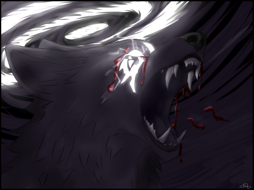 absurd_res anthro archangel black_body black_fur blood bodily_fluids bright_eyes canid canine canis fur halo hi_res kami_(disambiguation) kamihzz light light_beam male mammal open_mouth solo white_eyes wolf yelling