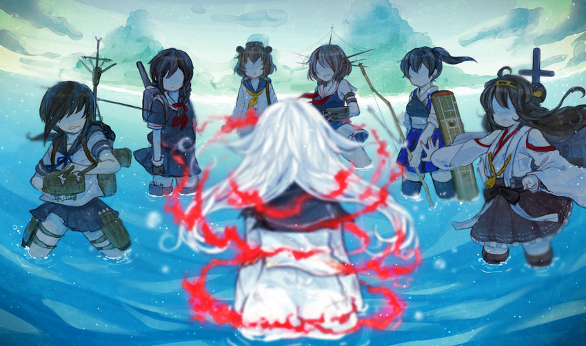 ahoge armor black_hair bow_(weapon) braid brown_hair commentary detached_sleeves fubuki_(kantai_collection) gloves hair_ribbon hairband headgear japanese_clothes kaga_(kantai_collection) kantai_collection kongou_(kantai_collection) kurosuke_(hipparu) machinery maya_(kantai_collection) multiple_girls muneate no_eyes nontraditional_miko open_mouth ponytail ribbon shigure_(kantai_collection) shinkaisei-kan side_ponytail ta-class_battleship thighhighs turret weapon white_hair wide_sleeves yukikaze_(kantai_collection)