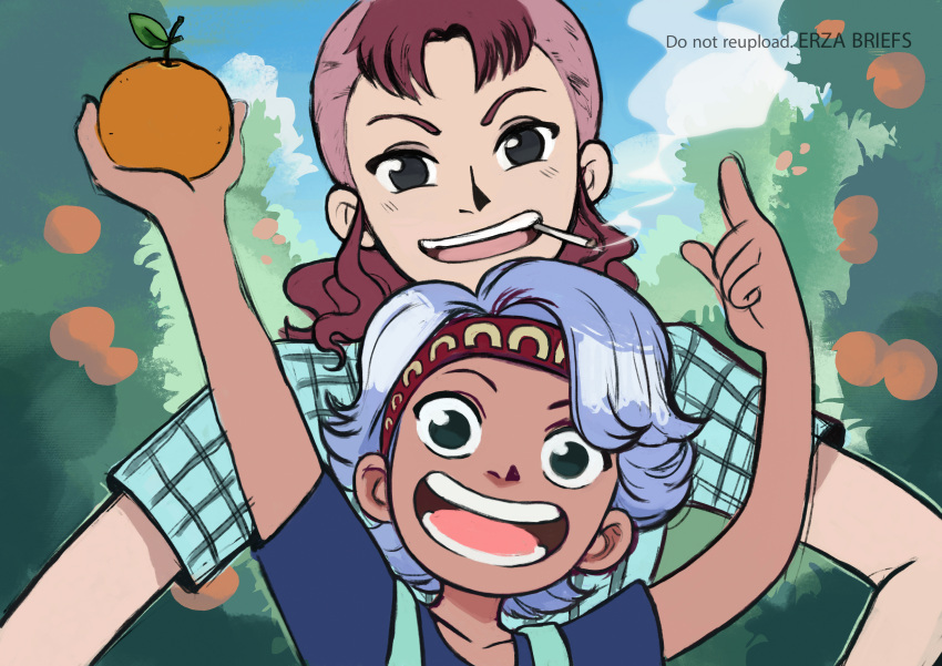 2girls absurdres aged_down arms_up artist_name bellemere blue_eyes blue_hair blue_shirt child commentary erza_briefs food fruit headband highres holding holding_food looking_at_viewer mandarin_orange mother_and_daughter multiple_girls nojiko one_piece ponytail red_hair shaved_head shirt short_hair sky smile smoke t-shirt teeth upper_teeth_only