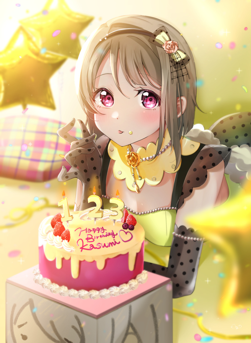 1girl absurdres bead_necklace beads birthday_cake black_hairband blurry blurry_foreground blush breasts brown_gloves cake candle character_name commentary_request dress elbow_gloves food food_on_face fruit gloves grey_hair hair_ornament hairband happy_birthday highres jewelry looking_at_viewer love_live! love_live!_nijigasaki_high_school_idol_club nakasu_kasumi necklace nyako_(utaneko31) polka_dot_gloves red_eyes short_hair small_breasts solo star_balloon strawberry tongue tongue_out upper_body yellow_dress