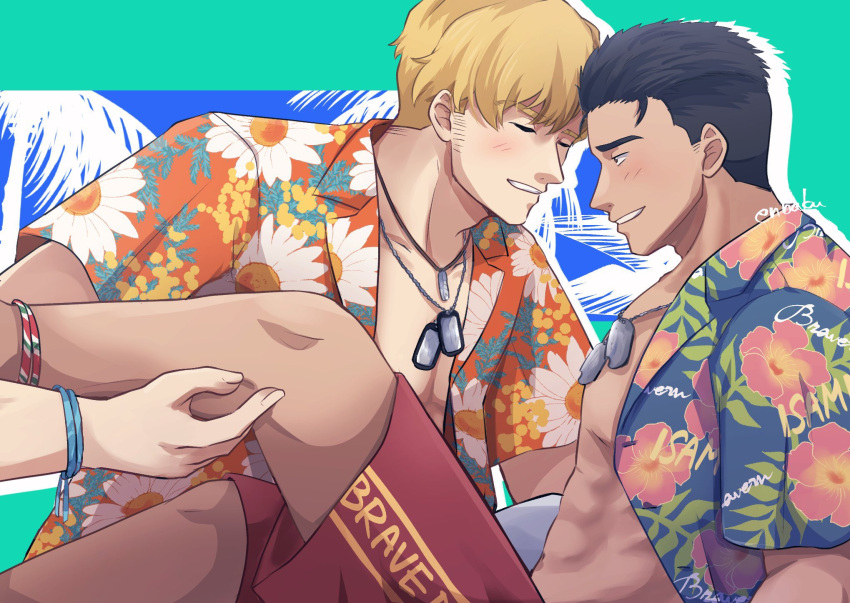 2boys ao_isami beach black_hair blonde_hair blush closed_eyes couple dark-skinned_male dark_skin dog_tags enbakumuseru facial_hair grin hawaiian_shirt highres leg_lift lewis_smith looking_at_another male_focus male_swimwear multiple_boys official_art shirt sideburns_stubble smile stubble swim_trunks thick_eyebrows toned toned_male yaoi yuuki_bakuhatsu_bang_bravern