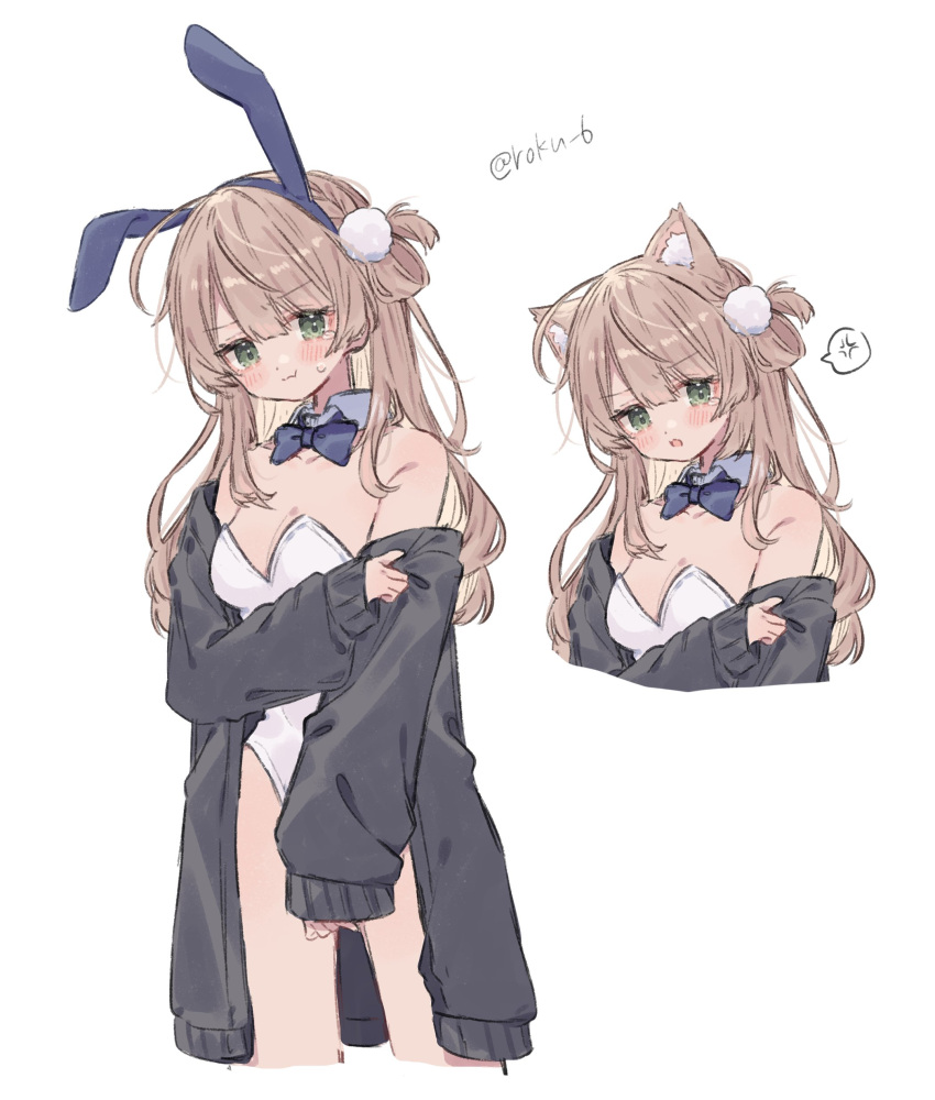 1girl absurdres alternate_costume anger_vein animal_ear_fluff animal_ears artist_name bare_shoulders black_jacket blue_bow blue_bowtie blush bow bowtie cat_ears detached_collar fake_animal_ears green_eyes highres indie_virtual_youtuber jacket leotard light_brown_hair long_hair looking_at_viewer multiple_views off_shoulder one_side_up playboy_bunny pom_pom_(clothes) pout rabbit_ears roku_6 shigure_ui_(vtuber) simple_background single_hair_ring sleeves_past_wrists solo spoken_anger_vein strapless strapless_leotard tearing_up tears white_background white_leotard