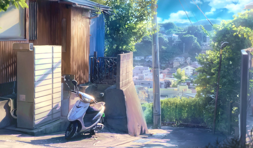 blue_sky cloud day fence highres house motor_vehicle motorcycle no_humans original outdoors power_lines road rural scenery sky soraciel sunlight sweater_vest town