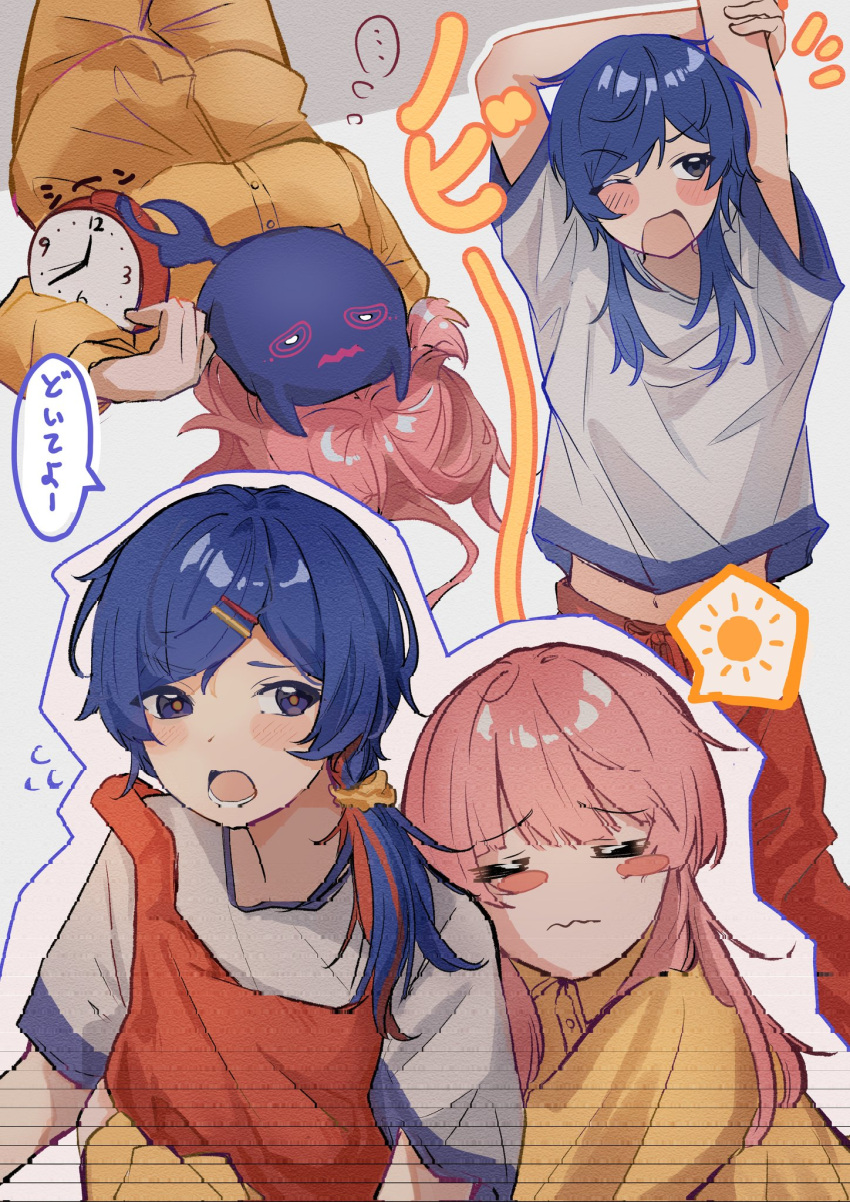 2girls :o apron bangs_pinned_back blue_eyes blue_hair blush blush_stickers breasts buttons hair_ornament hair_tie hairpin highres kaf_(kamitsubaki_studio) kamitsubaki_studio long_hair looking_to_the_side low-tied_long_hair lower_teeth_only medium_breasts midriff multicolored_hair multiple_girls multiple_views nami_(wa98449) navel one_eye_closed open_mouth outline pajamas pants raised_eyebrows red_apron red_hair red_pants rim_(kamitsubaki_studio) shirt shirt_overhang streaked_hair stretching swept_bangs teeth white_outline yellow_pajamas yellow_pants yellow_pupils yellow_shirt yuri