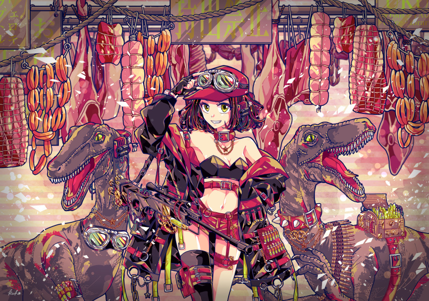 1girl ammunition_belt animal arm_up bare_shoulders baseball_cap breasts cable cleavage collar commentary_request cowboy_shot crystal dinosaur fingerless_gloves food gears gloves goggles goggles_on_head grin gun hat highres jacket kuh_tapiru linea_alba linked_sausages looking_at_viewer meat medium_breasts medium_hair midriff navel o-ring off_shoulder open_clothes open_jacket original raw_meat red_hair red_hat rifle rope sausage scope sharp_teeth short_shorts shorts sign signature single_thighhigh smile sniper_rifle solo standing star_(symbol) strapless teeth thigh_gap thighhighs thighs tube_top velociraptor weapon yellow_eyes